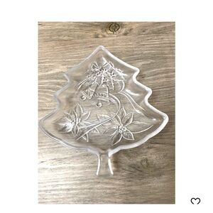 Vintage Etched Christmas Tree Holiday Dish Clear with Bells & Poinsettias EUC